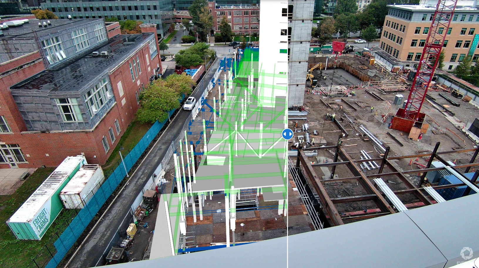 Construction site view overlaid with BIM model elements showing alignment between design and on-site conditions.
