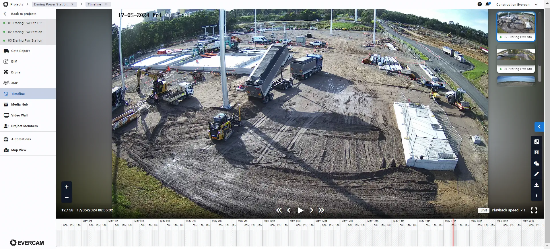 Elevated construction camera view showing vehicle movements and access roads at the Eraring BESS site.