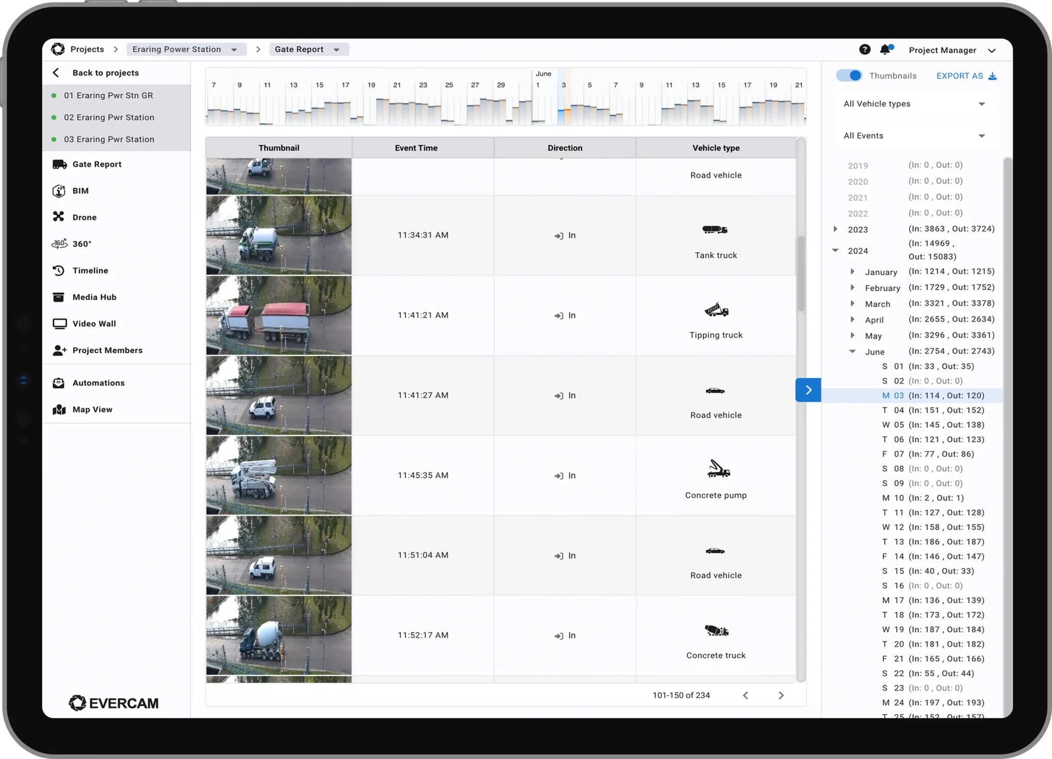 Screenshot of the Evercam platform displaying recorded site footage and traffic monitoring tools.