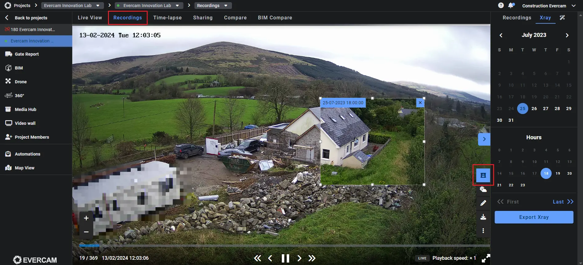 Evercam Recordings interface highlighting the Xray icon used to start image comparison.