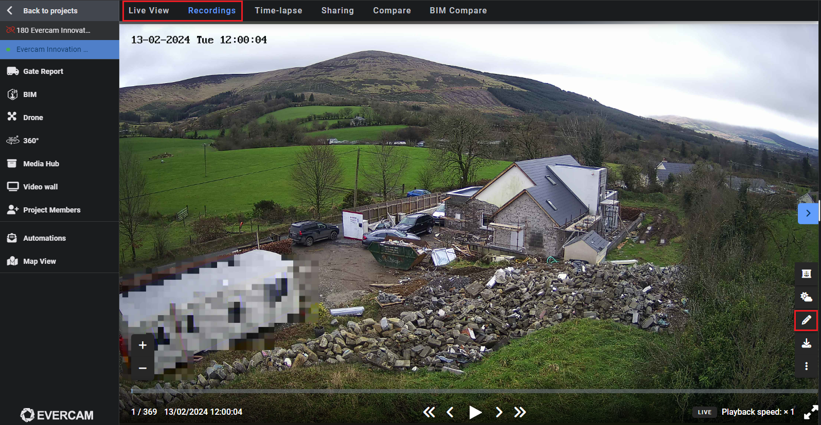 360-degree construction site image displayed within the Evercam platform.