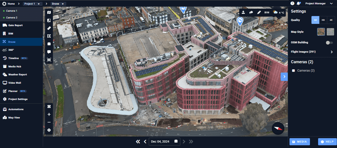 Evercam interface displaying drone imagery associated with a construction site.