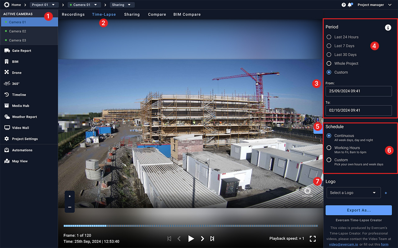 Evercam interface showing the Time-lapse Creator option selected from the recordings view.