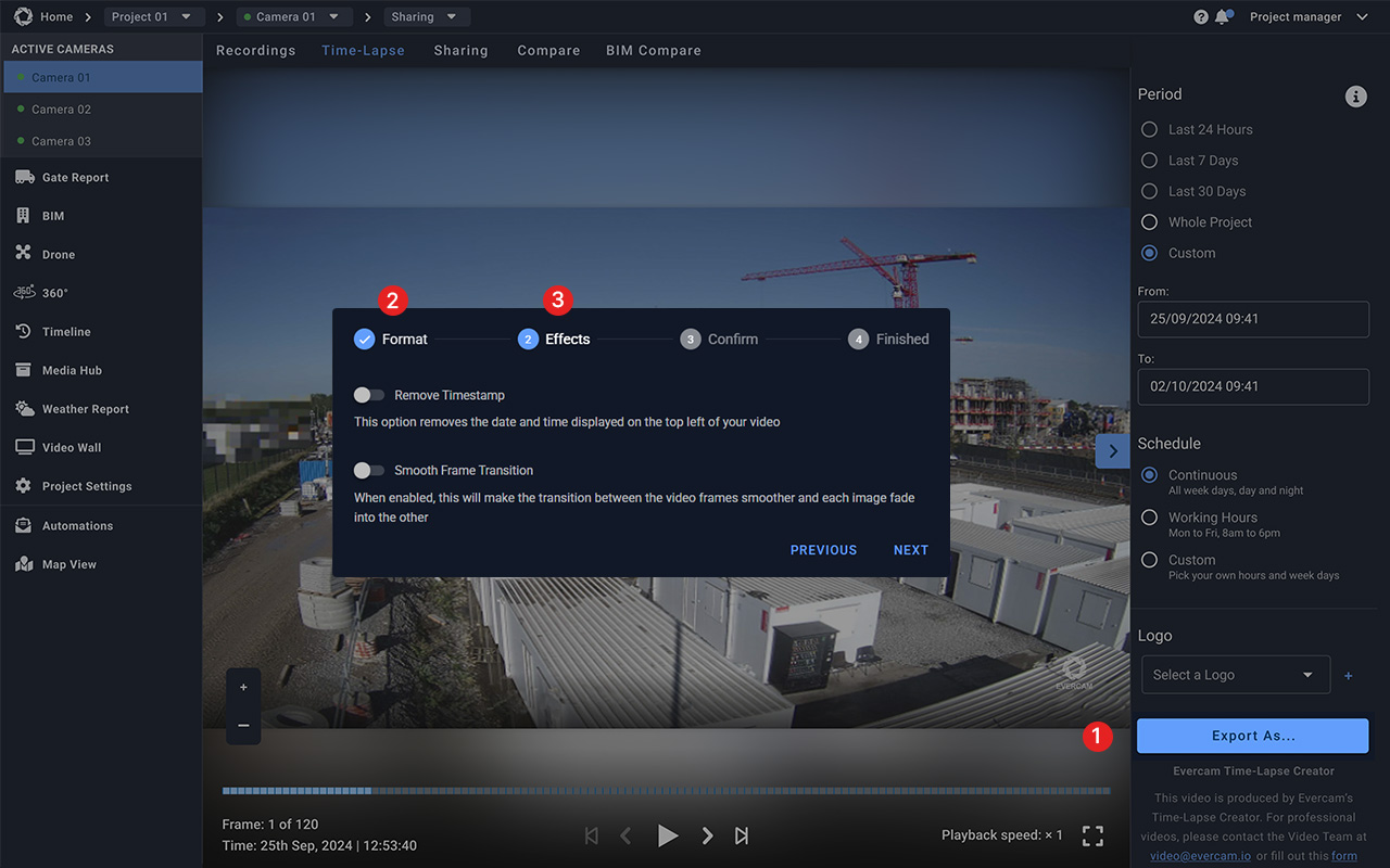 Evercam export panel showing format and effects options for a time-lapse video.