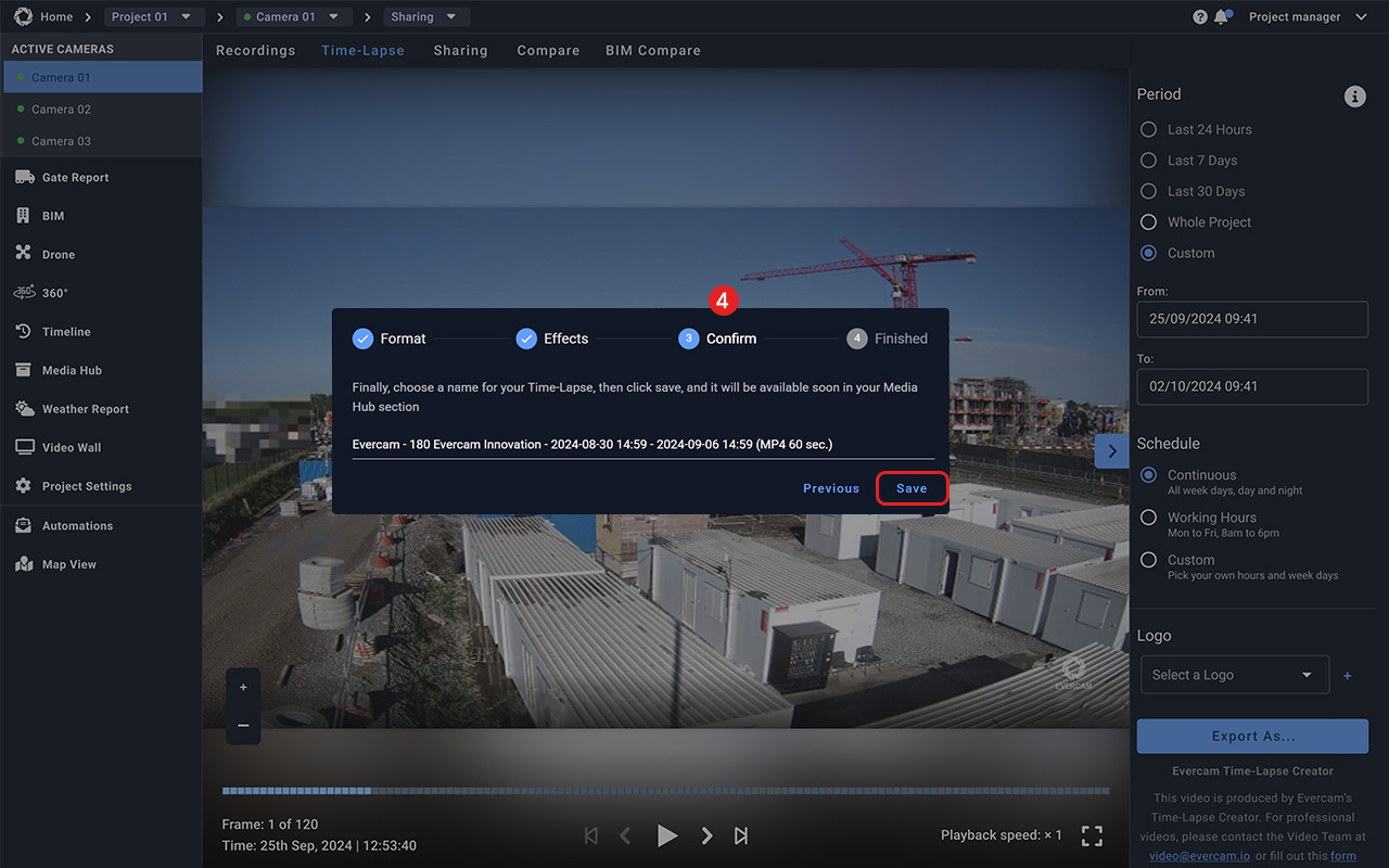 Evercam interface confirming the export of a generated time-lapse video.