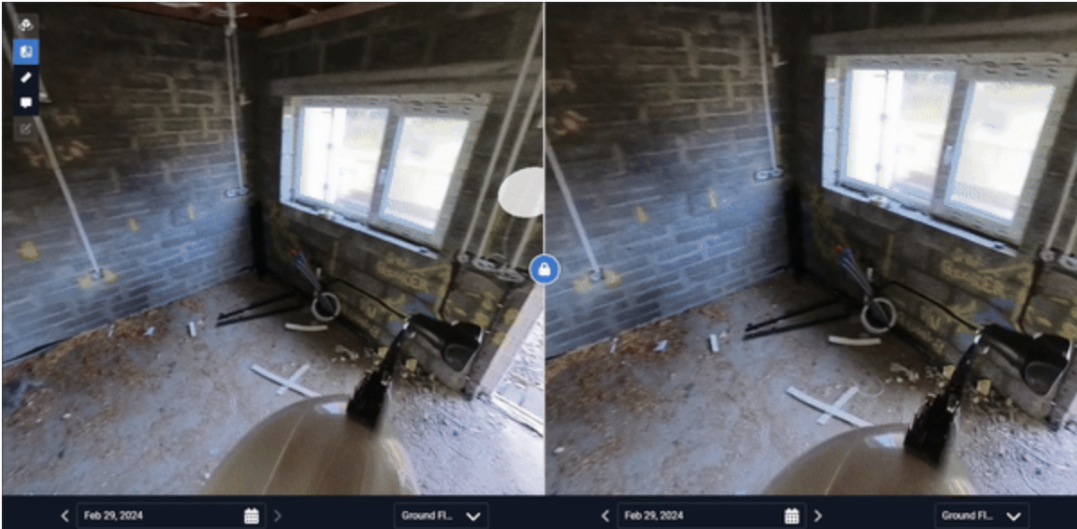 Side-by-side 360-degree views of the same interior construction space in Evercam, used for visual comparison of site conditions.