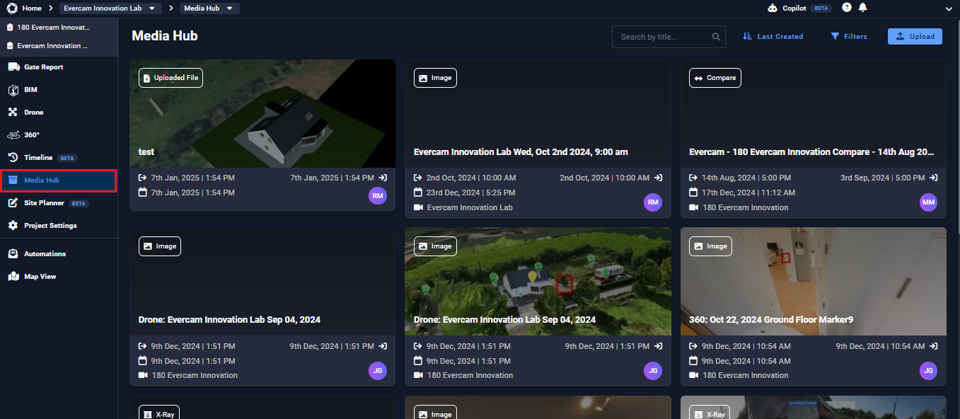 Evercam Media Hub showing a grid view of project images, videos, and comparison files.
