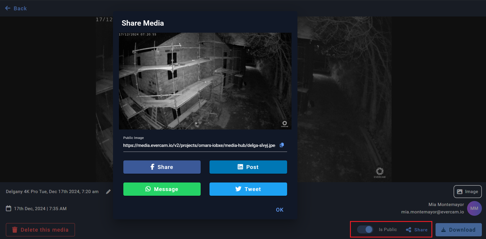 Evercam interface showing media sharing and download options within the Media Hub.