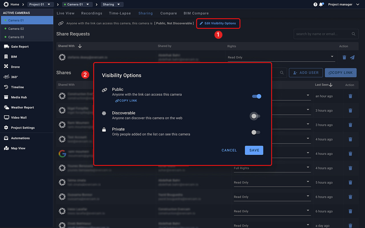 Evercam interface confirming that camera access has been granted.