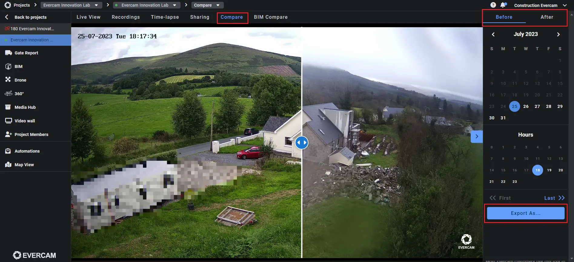Side-by-side before and after construction site images compared with Evercam.