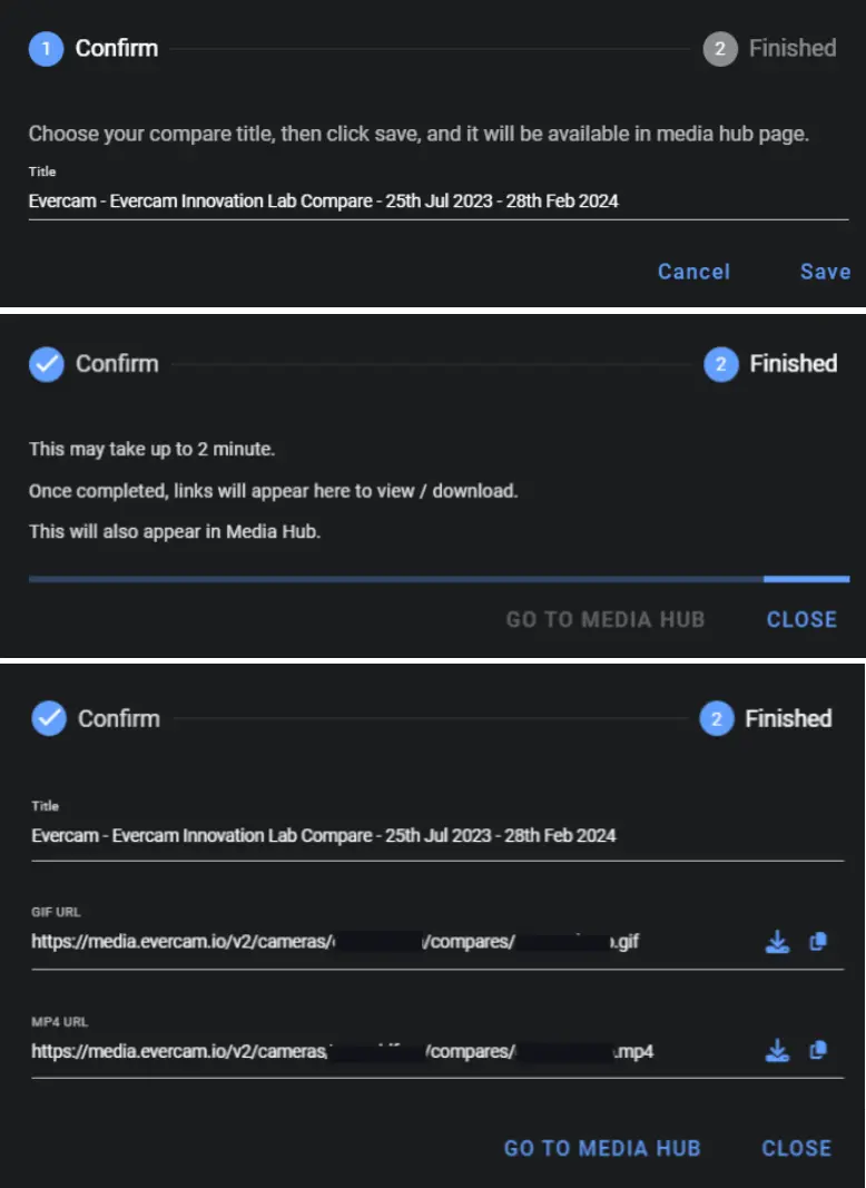 Export screen showing GIF and MP4 options for site comparison.