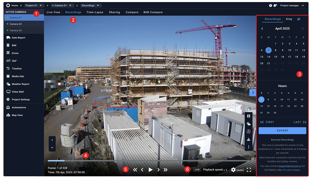 Evercam Recordings interface showing playback of recorded site footage.