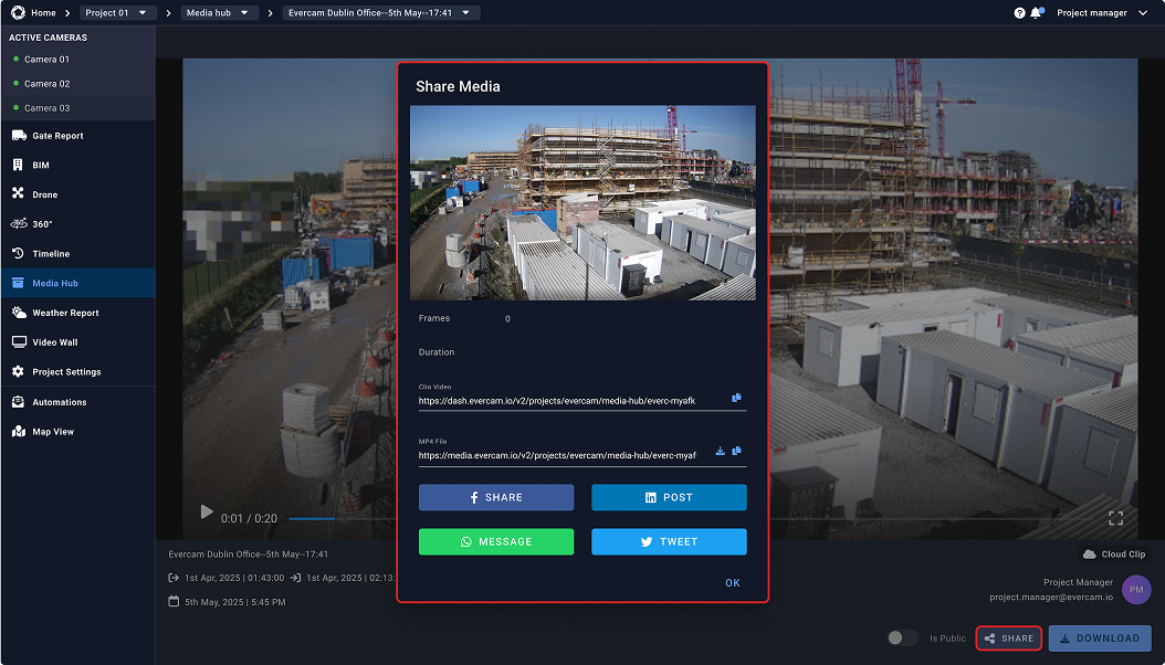 Evercam Recordings share media window showing options to copy links, download files, and share content.