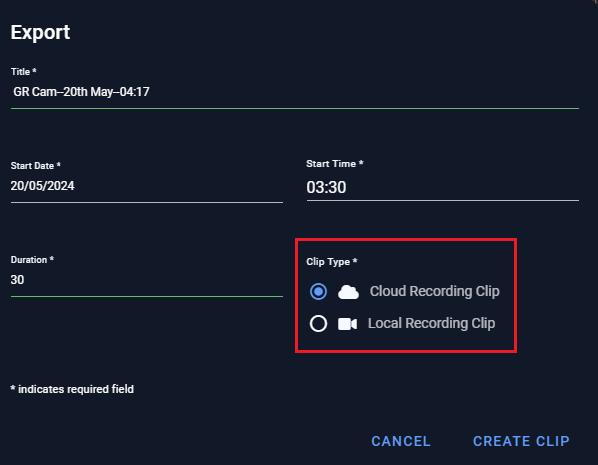 Evercam Recordings export window showing options for cloud and local recording clips.