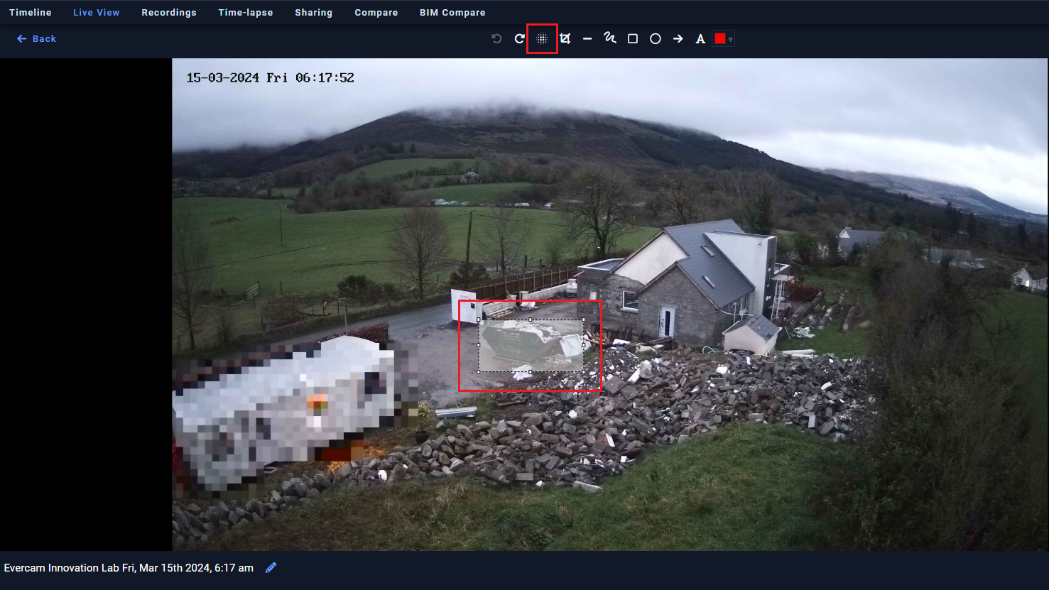 Evercam Blur Tool applied to a recorded image to hide sensitive areas on a construction site.