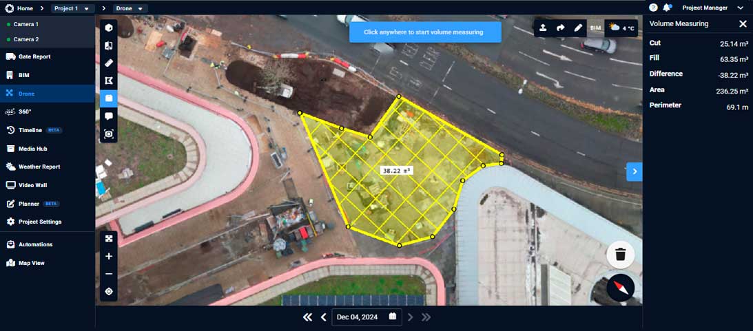 Evercam Volume Measurement panel showing cut, fill, area, and perimeter values on drone imagery.