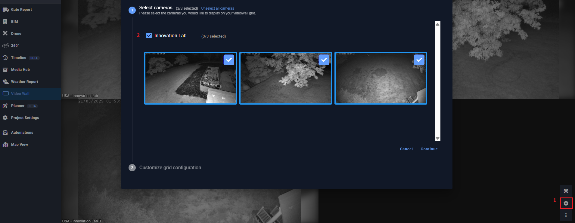 Evercam Video Wall interface showing camera selection step with multiple cameras selected for a multi-camera grid view.