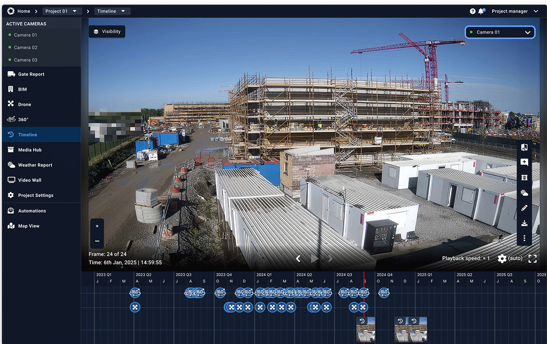 Construction camera interface displaying a timeline view with visual milestones and recorded site progress