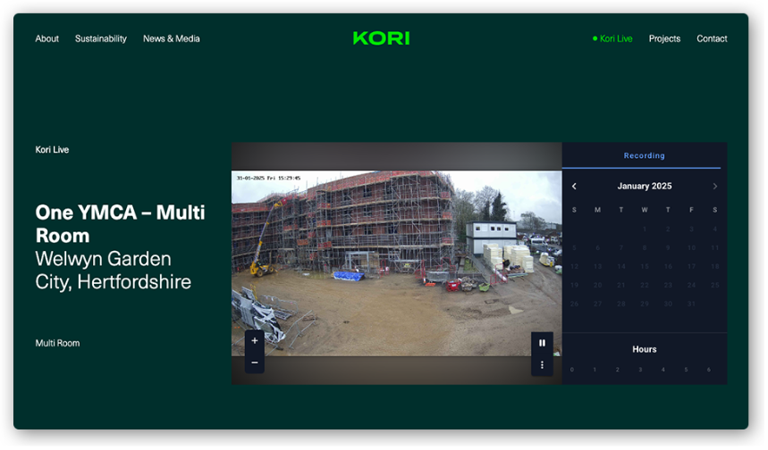 Construction project viewed through the Kori Live interface with recorded camera footage