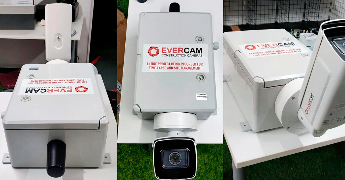 Evercam fixed-position construction camera mounted in a protective housing.