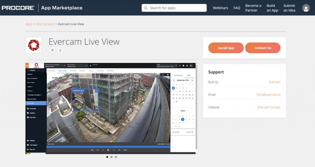 This image shows the Evercam construction cameras dashboard in Procore.