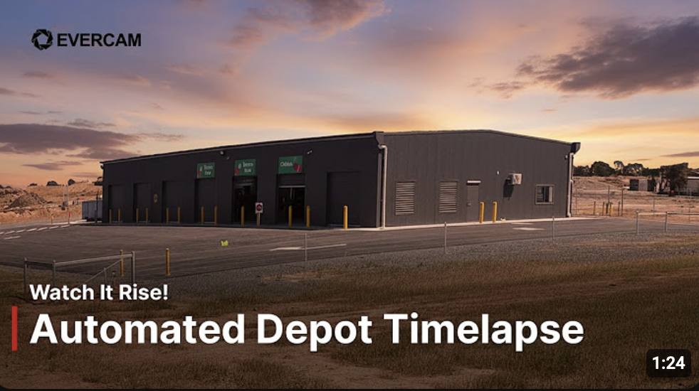 Timelapse still of a completed depot building showcasing construction progress over time.