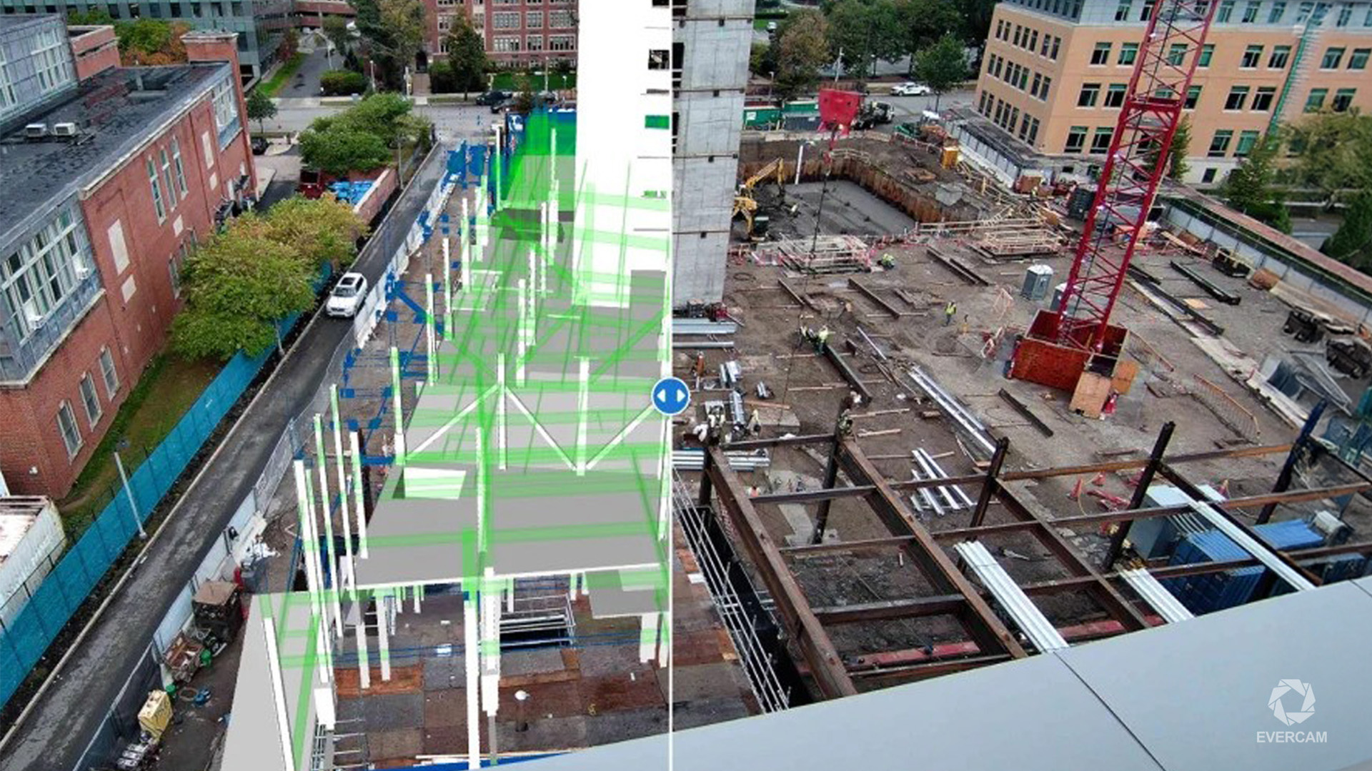 Construction site image with BIM model overlay demonstrating before and after project progress comparison.
