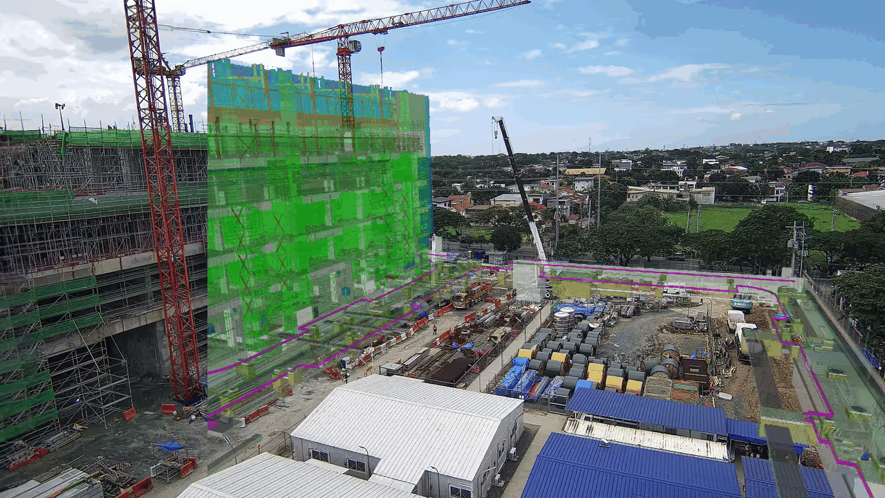 Split view showing a construction site during demolition on the left and a completed building with landscaping on the right.