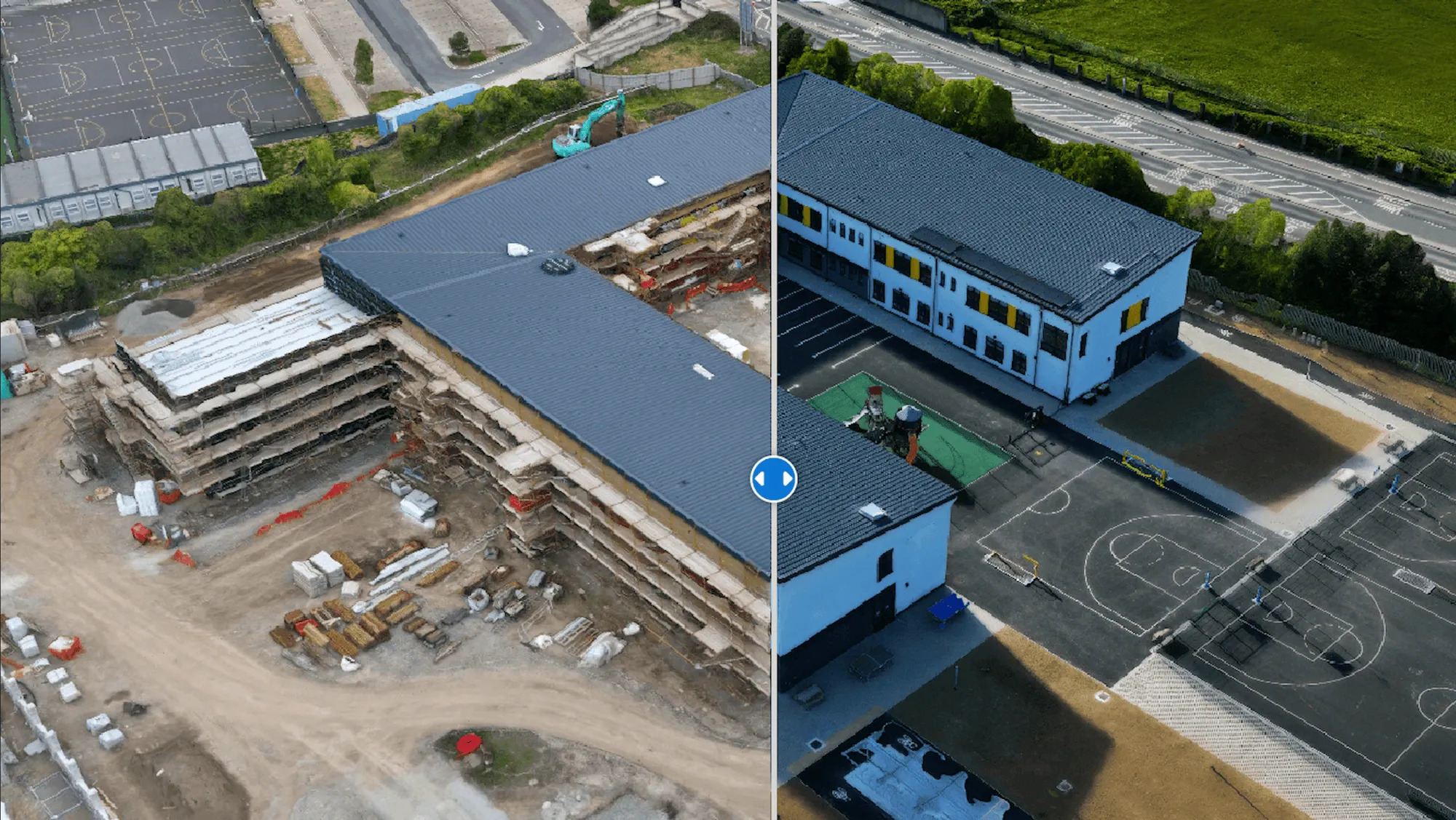 Construction site with scaffolding and crane, overlaid with a semi-transparent BIM model showing planned structure alignment.