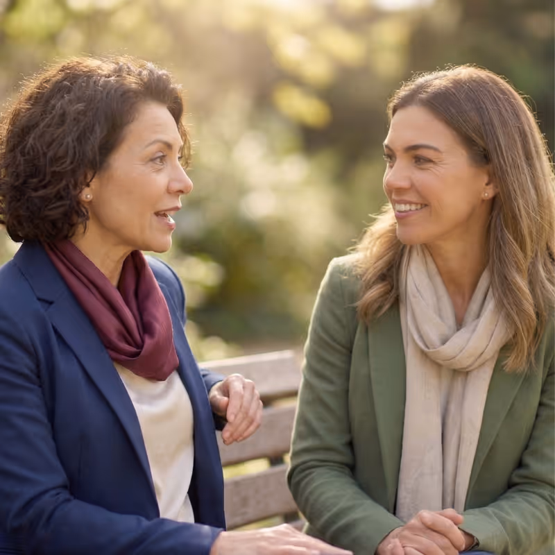 Two women sitting on a park bench having a friendly conversation on a sunny day.