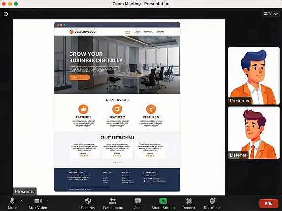 בתמונה נראה השלב הרביעי והאחרון של העבודה עם ווביויז. בתמונה נראת שיחת זום בה במציג מעביר בעלות של האתר לבחור השני בשיחה ומלמד אותו כיצד להשתמש באתר וביכולות שוובפלו מאפשר