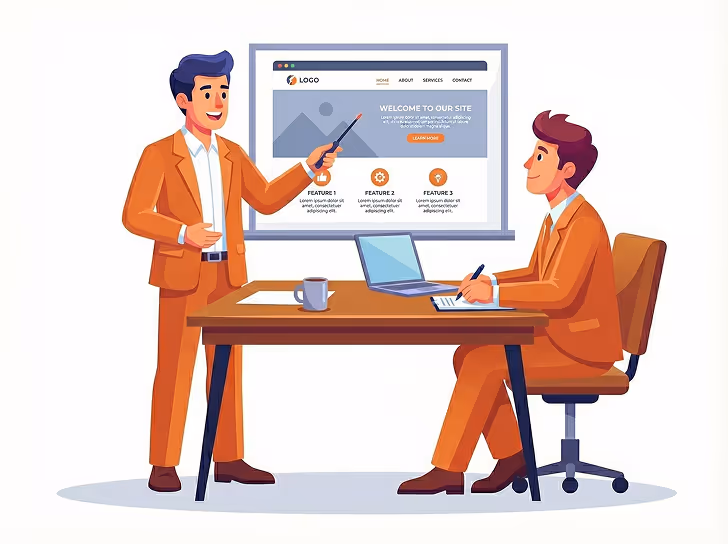 תמונה שמתראת את השלב השלישי בעבודה עם ווביויז. בתמונה נראים שני הגברים בחליפה כאשר אחד מהם מציג בפני האחר את העיצוב ומבנה האתר