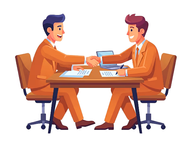 תמונה של השלב הראשון בעבודה עם ווביויז שיחת אפיון, בתמונה נראים שני גברים יושבים בחליפה ומנהלים שיח