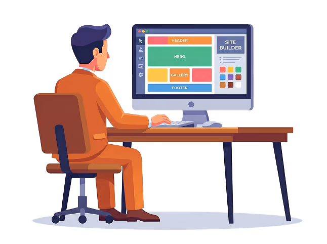 תמונה שמציגה את השלב השני בעבודה עם ווביויז, התמונה מראה בחור בחליפה יושב לבנות מבנה של אתר במחשב