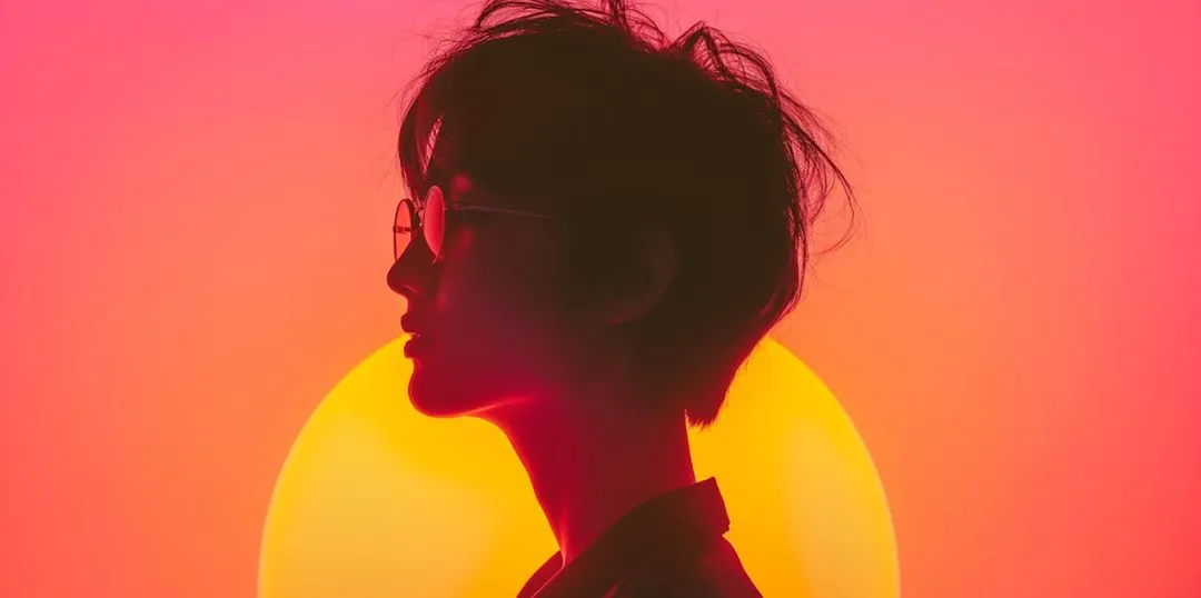 Silhouette of a person with short hair and glasses against a large yellow sun and pink-orange gradient background.