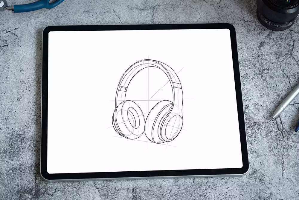 Digital tablet on a concrete surface displaying a technical sketch of headphones.