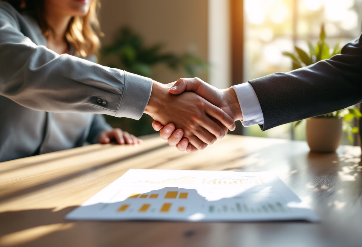 image of handshake over a financial report