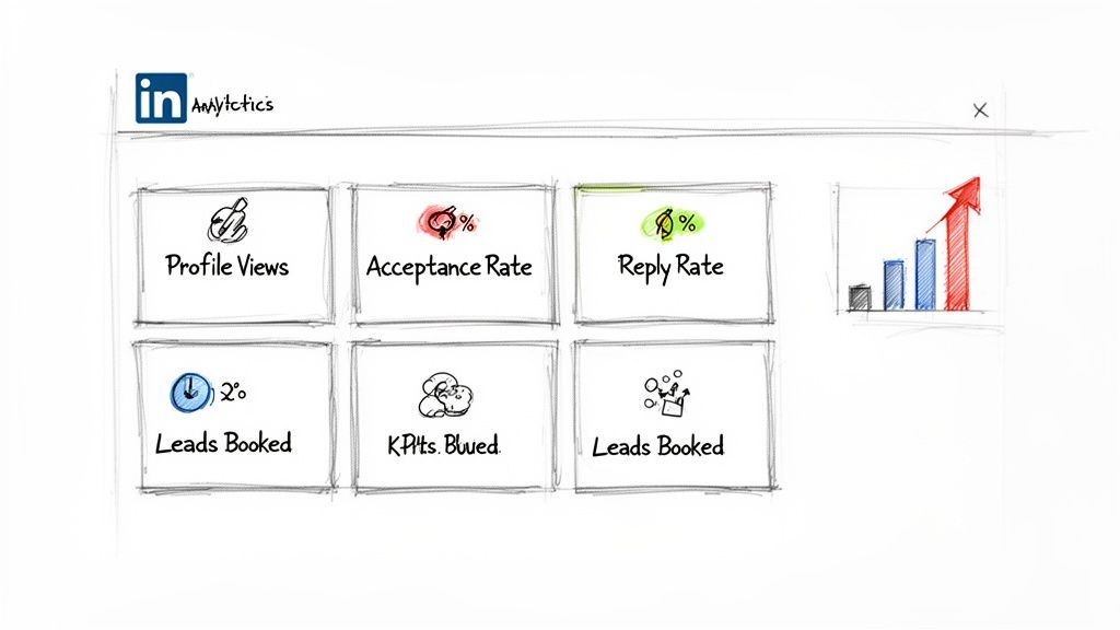 A sketched LinkedIn Analytics dashboard displaying key performance indicators like profile views, acceptance, and reply rates.