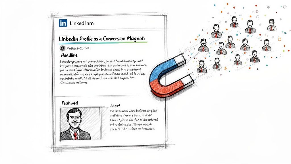 Hand-drawn LinkedIn profile page acting as a conversion magnet, attracting business leads.