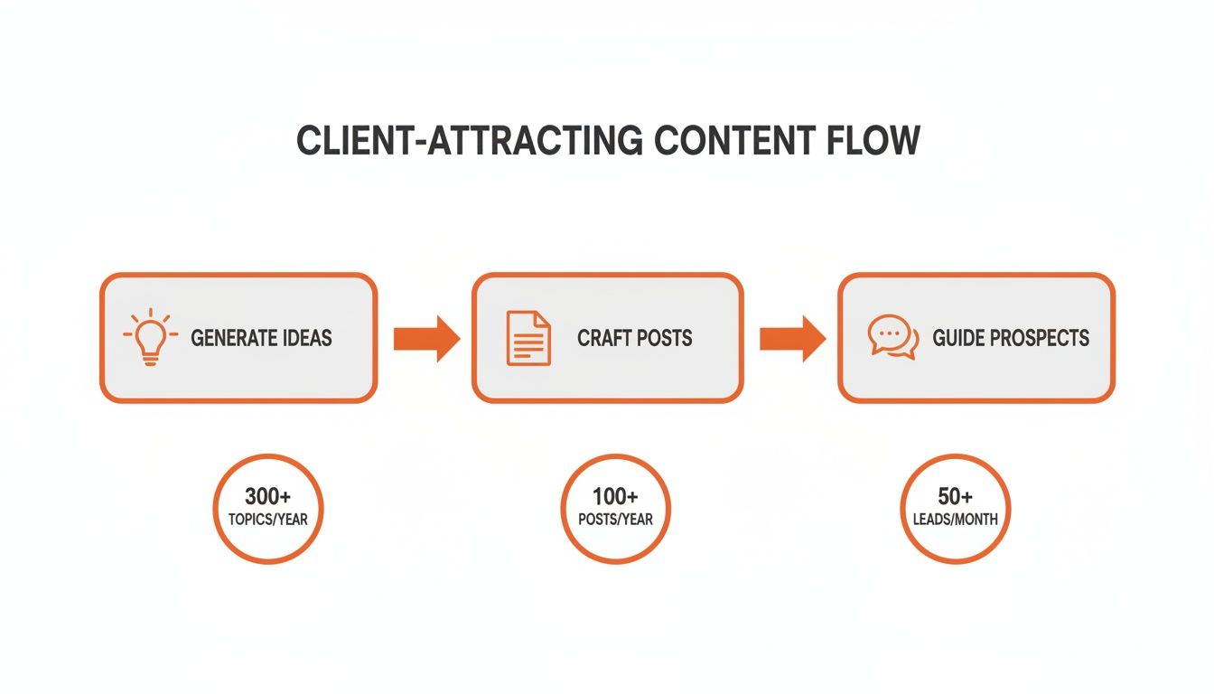 Client-attracting content flow, showing idea generation, post crafting, and guiding prospects with performance metrics.