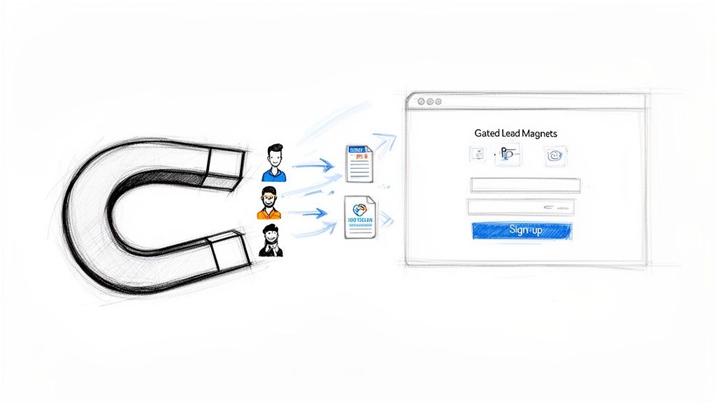 Diagram illustrating a magnet attracting users, leading them to gated lead magnets and a signup form.