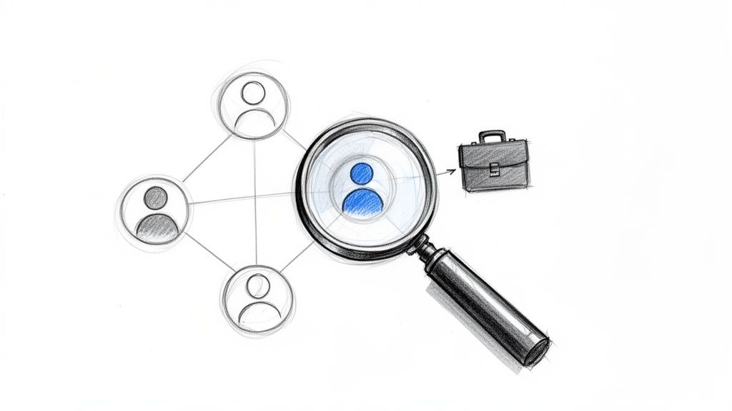 Pencil sketch of a magnifying glass selecting a blue user from a network, indicating a career or business lead.