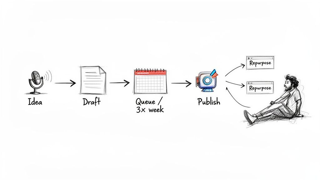 Workflow diagram showing content creation from idea to draft, queue, publishing, and repurposing.