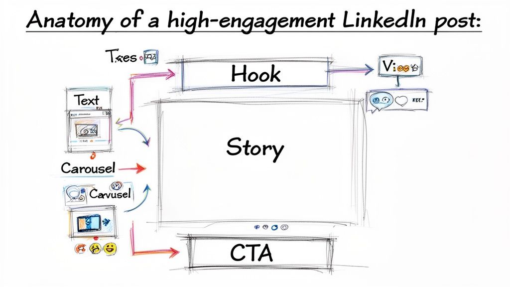 A diagram illustrating the anatomy of a high-engagement LinkedIn post with Hook, Story, CTA, and content types.