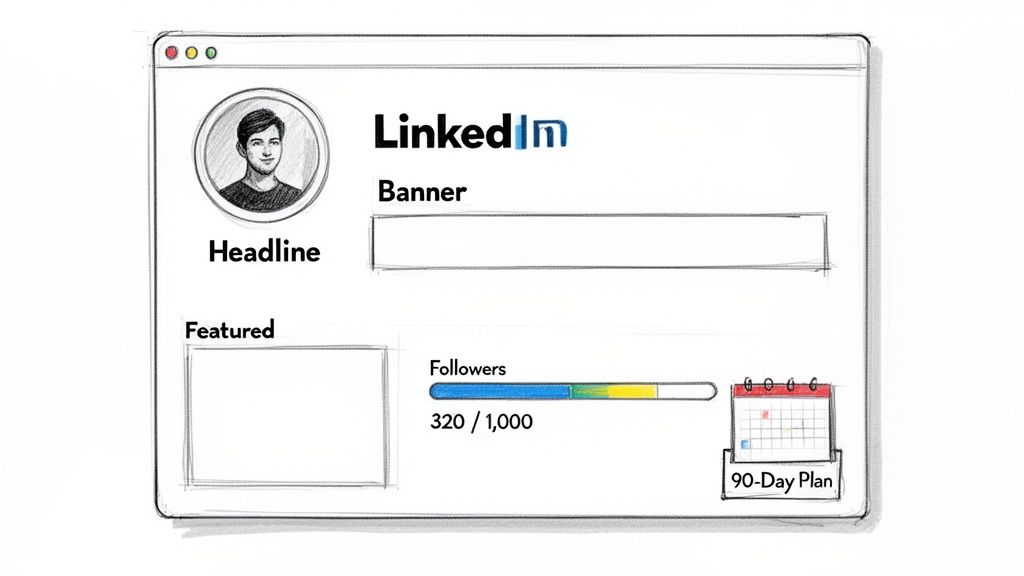 A hand-drawn LinkedIn profile outline, displaying follower growth and a 90-day strategy.