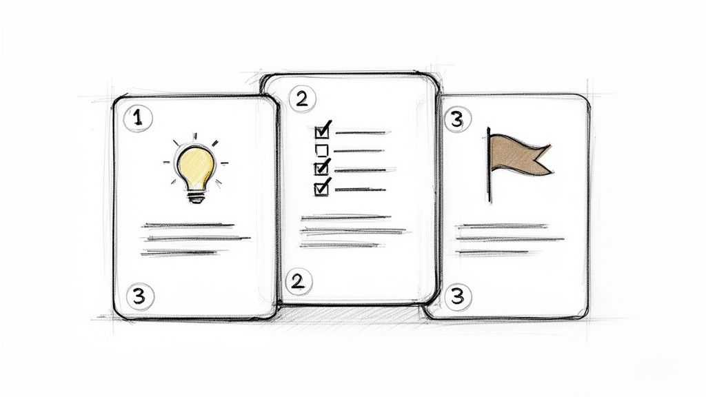 Three illustrated cards depict a content creation process: ideation, task management, and goal achievement.