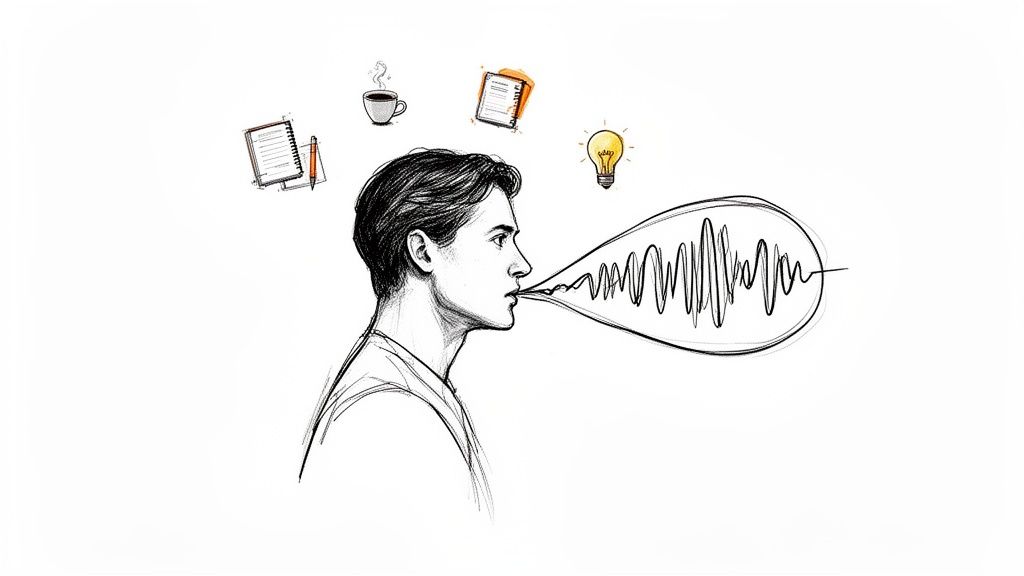 Sketch of a person speaking, with icons representing ideas, coffee, and documents floating above.