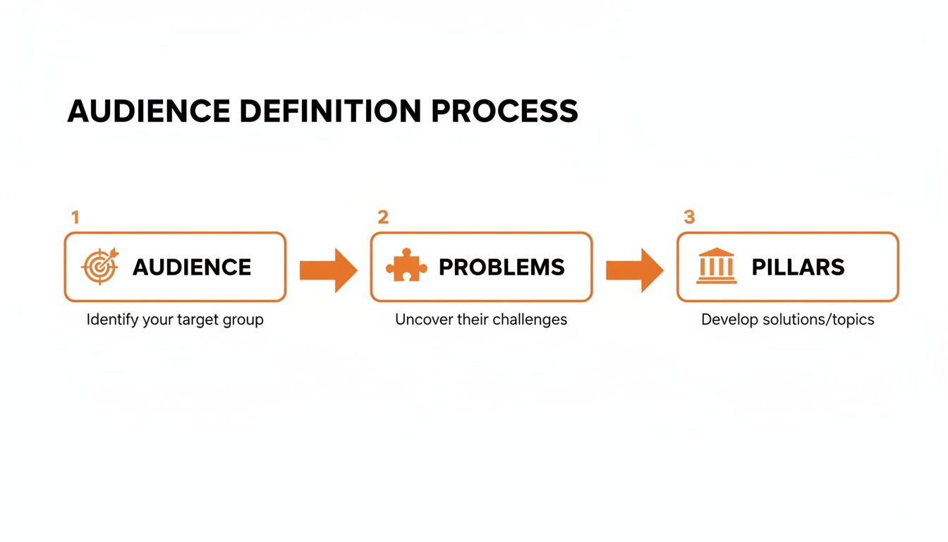 Three-step process diagram for defining audience, identifying problems, and developing content pillars.