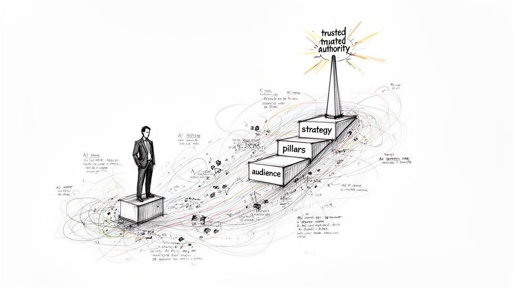 A man views a strategic path to trusted authority with steps: audience, pillars, strategy.