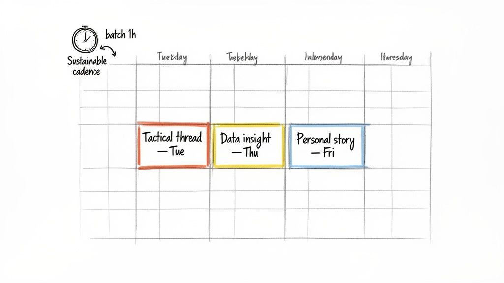 A handwritten content calendar shows 'Tactical thread', 'Data insight', and 'Personal story' scheduled for the week, emphasizing a sustainable cadence.